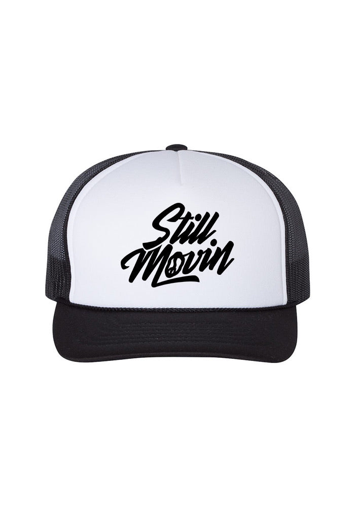 Still Movin Stacked Logo Trucker Hat - Black/White