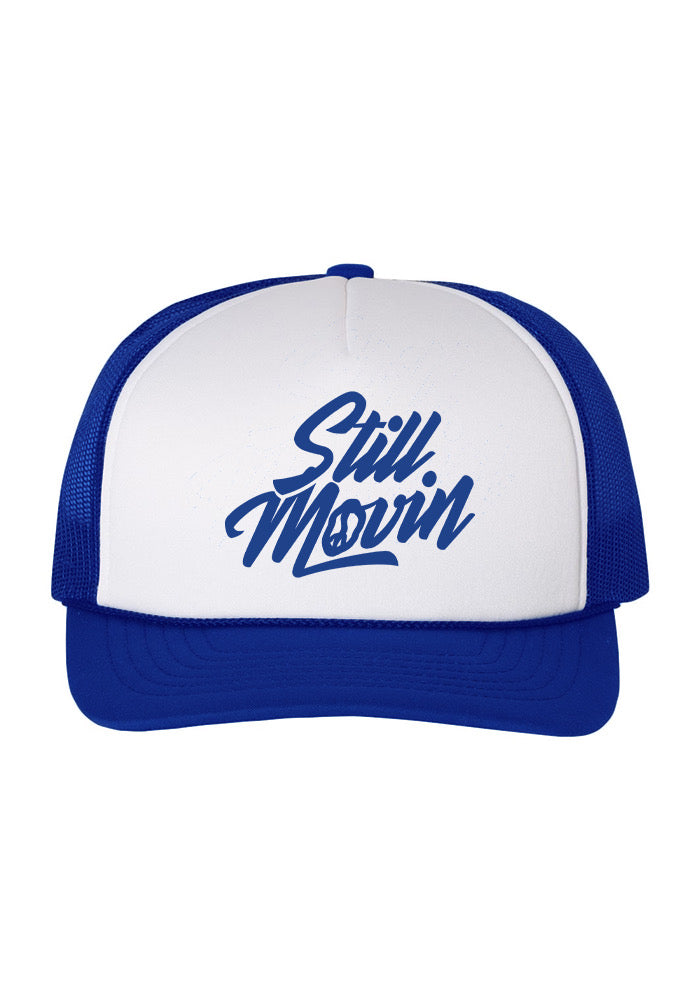 Still Movin Stacked Logo Trucker Hat - Blue/White
